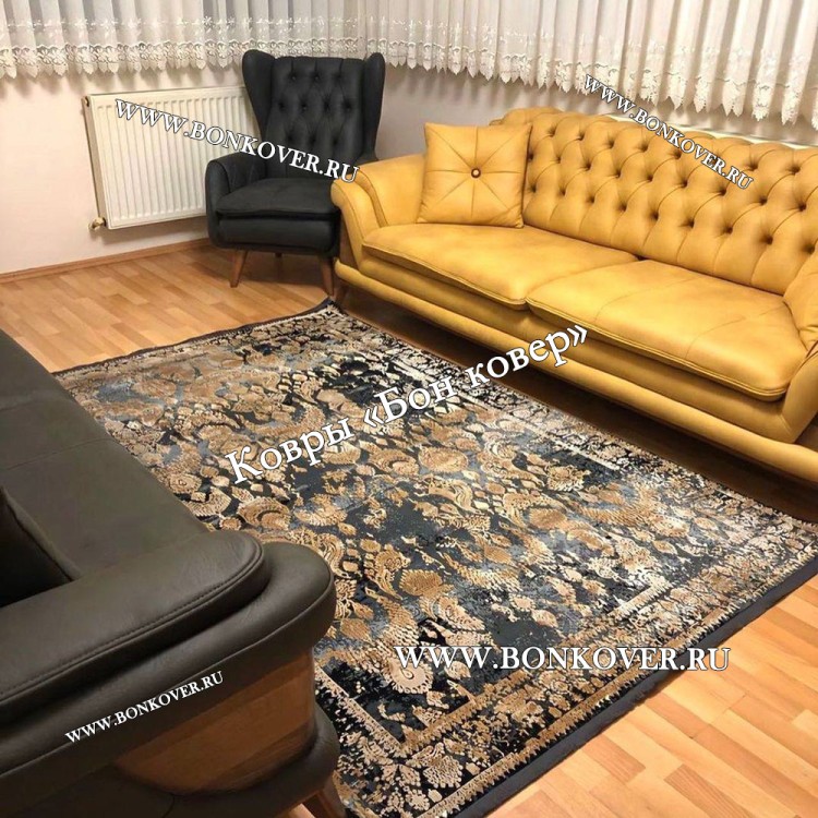 Современный Турецкий Ковер Дизайн 30588 Черный с Золотым